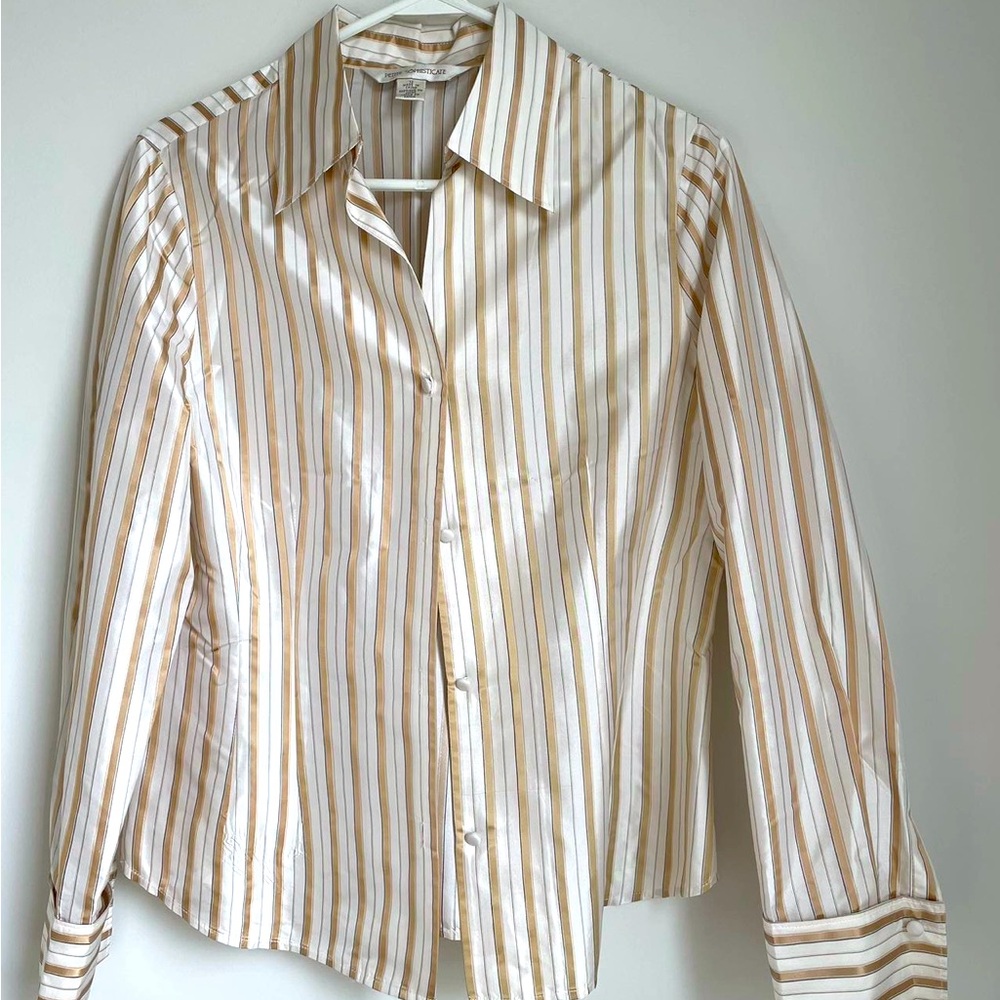 Petite Sophisticate 100% silk striped button down shirt, women’s size 12